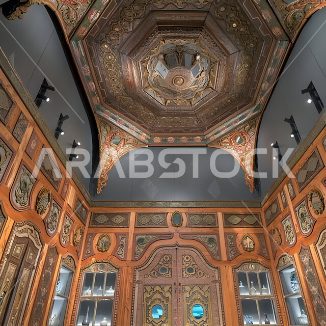 المؤسسات الرائدة في العالم للفن الإسلامي، الفن الهندسي المعماري و الديكور الداخلي للمتحف الإسلامي للفنون في العاصمة القطرية الدوحة, البهو الداخلي للمتحف مع تفاصيل السقف والجدران, أولى مشاريع متاحف قطر