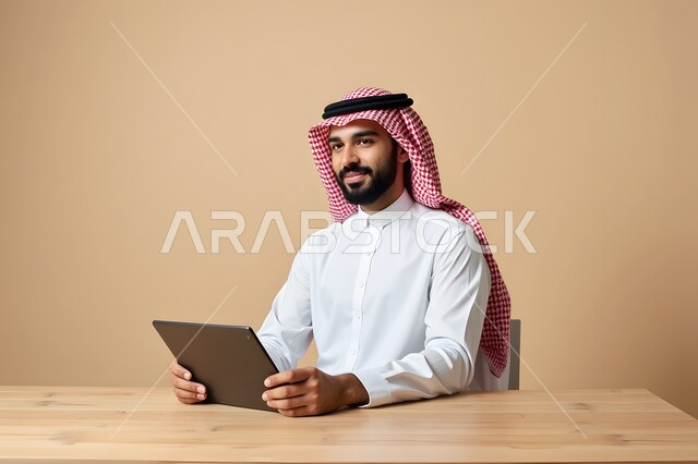 استخدام الأجهزة التكنولوجية الحديثة، بورتريه مقرب لرجل أعمال عربي خليجي سعودي مبتسم يرتدي الشماغ والثوب التقليدي يقوم بالعمل على جهاز التابلت بتعابير السرور، إيماءات تدل على السعادة، مهن ووظائف مكتبية، خلفية بيج