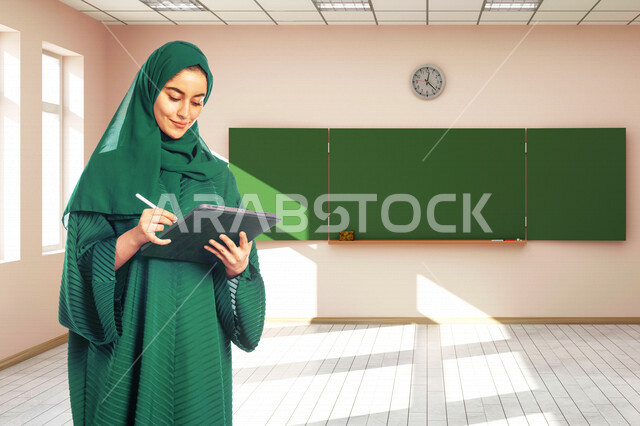 طالبة جامعية عربية سعودية خليجية تقوم بمتابعة المحاضرات الجامعية عبر المنصات التعليم المتطورة من خلال الأجهزه التقنية , التعليم عن بعد , التعليم الالكتروني, مدارس وجامعات, تطور التعليم في المملكة العربية السعودية