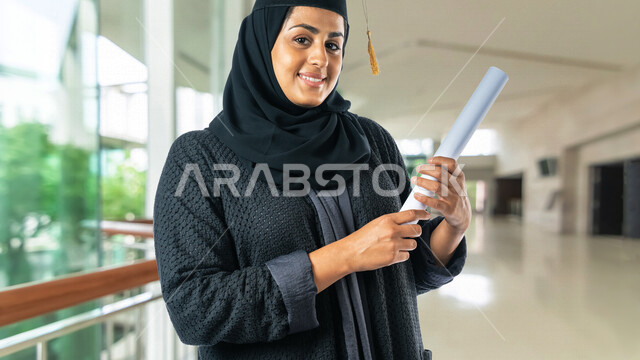 طالبة جامعية عربية سعودية خليجية تحمل شهادة تخرجها, ايماءات وجه ويدين تدل على السعادة بالتفوق والنجاح, حفل تخرج , نتائج الاختبارات, مدارس وجامعات, التعليم في المملكة العربية السعودية