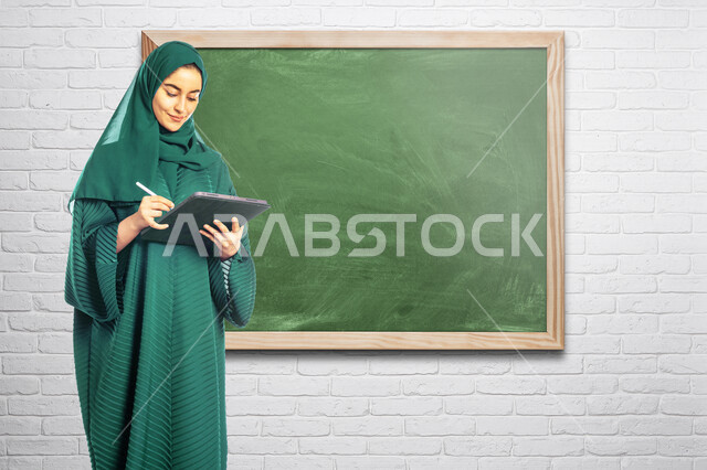 طالبة جامعية عربية سعودية خليجية تقوم بمتابعة المحاضرات الجامعية عبر المنصات التعليم المتطورة من خلال الأجهزه التقنية , التعليم عن بعد , التعليم الالكتروني, مدارس وجامعات, تطور التعليم في المملكة العربية السعودية