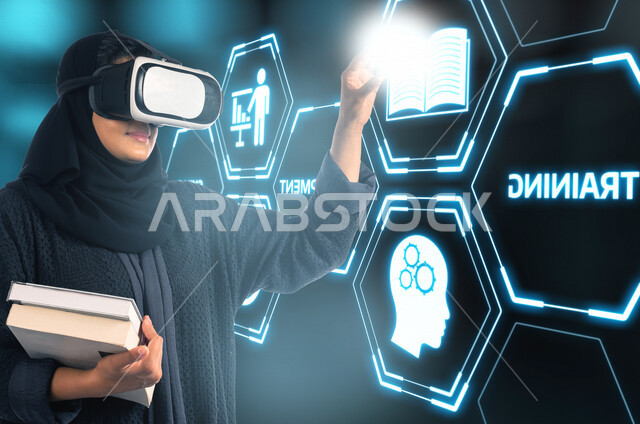 A picture of a trainee Saudi Arabian Gulf university student wearing virtual reality glasses, education using the 3D hologram feature, educational platforms based on virtual reality, education in the future, schools and universities, the development of sc