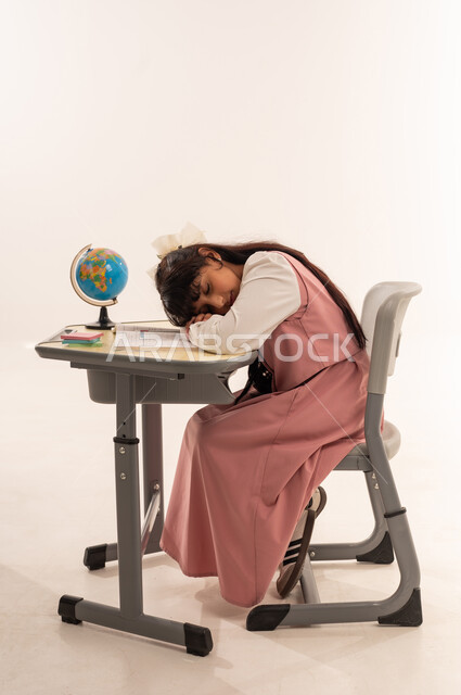 الشعور بالكسل والخمول داخل الفصل الدراسي, الحاجة للنوم وأخذ قسط من الراحة, بورتريه لبنت عربية عمانيه خليجية ترتدي الثوب المدرسي نائمة على طاولة الدراسة,تلميذ سعوديه  تشعربالنعاس والإحساس بالتعب, العودة إلى المدارس, خلفية بيضاء