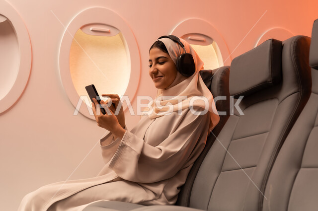 مفهوم الترفيه والتسليه عند ركوب الطائره, السفروالسياحة في إجازة الصيف, بورتريه مقرب من الجانب لشابه عربيه خليجيه عمانيه ترتدي العبائه والحجاب تجلس على كرسيها داخل الطائره تستمع الى الموسيقى من خلال سماعه الاذن وتمسك بيدها هاتفهها المحمول تستعد لقضاء رحلة سياحيه ممتعة