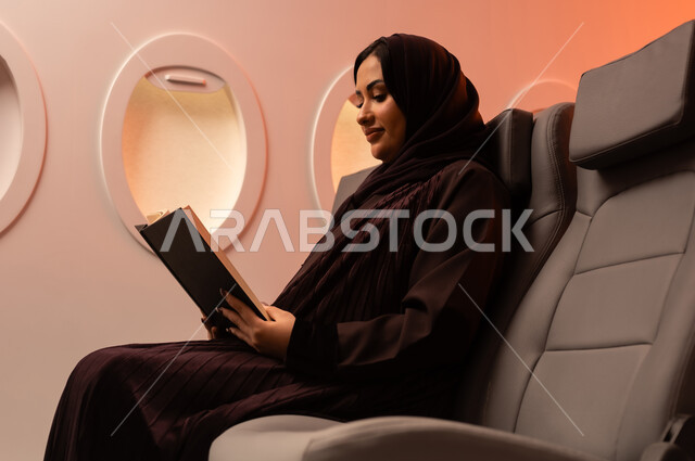 Practicing the hobby of reading, the concept of passion for reading, a close-up portrait from the side of a young Arab Gulf Omani woman wearing a colorful abaya and hijab sitting on one of the airplane seats and reading a book, purposeful and entertaining books and novels, learning and education through reading purposeful books