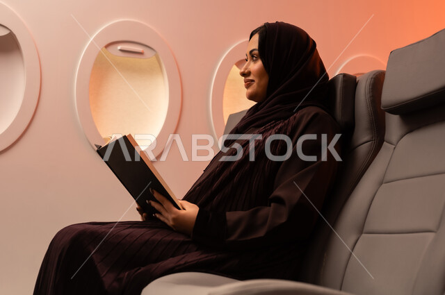 ممارسة هواية المطالعة, مفهوم الشغف بالقراءة, بورتريه مقرب من الجانب لشابه عربيه خليجيه عمانيه ترتدي العبائه الملونه والحجاب تجلس على احد مقاعد الطائره وتقوم بقراءه كتاب, كتب وروايات هادفه ومسليه ، التعلم والتثقيف من خلال قراءه الكتب الهادفه