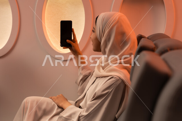 التواصل عن بعد مع الاهل و الأصدقاء، الإجابة والرد على الاتصالات باستخدام الهاتف المحمول، السياحة في إجازة الصيف, بورتريه مقرب من الجانب لشابه عربيه خليجيه عمانيه تمسك بهاتفهها المحمول على كرسيها داخل الطائره, الخطوط الجويه العمانيه