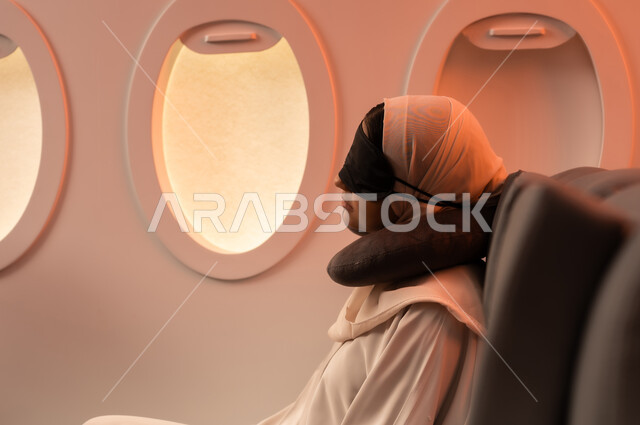 مفهوم النوم والراحه في الرحلة السياحية ، بورتريه مقرب من الجانب لامرأة عربية عمانيه خليجية نائمه على كرسيها في الطائرة، الشعور بالتعب والارهاق والحاجة الى النوم والراحة، قضاء العطلة الصيفية في السفر والسياحه, خطوط الطيران العماني
