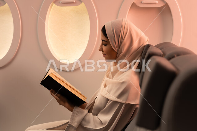 مفهوم الاستمتاع  بقرائه القصص والروايات, بورتريه مقرب من الجانب لشابه عربية عمانية خليجية ترتدي الحجاب والعباءة تجلس على كرسي الطائره في رحله جويه تقرأ كتابا, التدبر والتركيز وقضاء الاوقات السعيده في السفر والسياحه