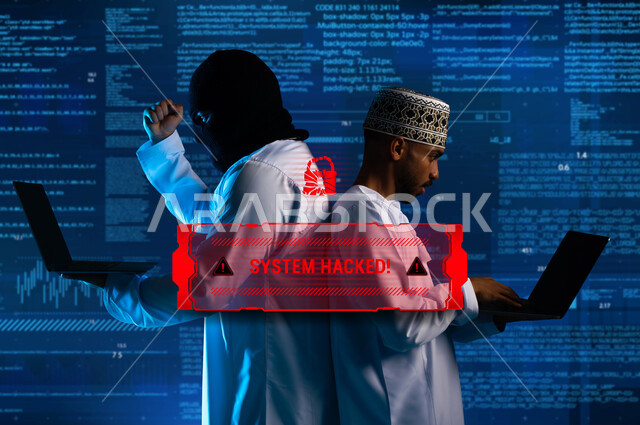 التهكير وسرقة البيانات, التسلل عبر الأمن السيبراني, استخدم جهاز الحاسوب لأغراض غير قانونية, خوارزميات لتدمير الحسابات الرقمية, هكرين عربيين خليجيين عمانيين ملثمين يرتديان الدشداشة يعملان في مجال القرصنه الرقميه
