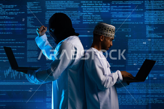 استخدم جهاز الحاسوب لأغراض غير قانونية, التسلل عبر الأمن السيبراني، التهكير وسرقة البيانات, خوارزميات لتدمير الحسابات الرقمية, هكرين عربيين خليجيين عمانيين ملثمين يرتديان الدشداشة يعملان في مجال القرصنه الرقميه
