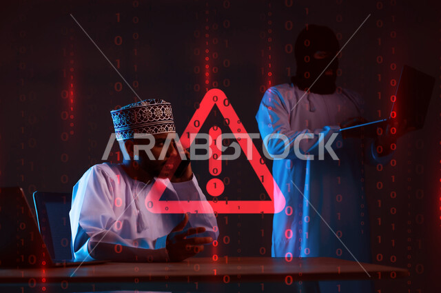 Cybersecurity intrusion, use of computer for illegal purposes, hacking and data theft, algorithms to destroy digital accounts, close-up photo of two masked Gulf Arab Omani hackers wearing dishdashas working in the field of digital piracy, blue background