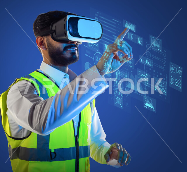 التطور التقني والتكنولوجي, المتعة و التسلية بالمشاهدة عبر نظارة الواقع الافتراضي، محاكاة العالم الخيالي, بورتريه مقرب لشاب عربي خليجي سعودي يرتدي الثوب التقليدي وستره الحمايه يضع نظارة الفي ار ويقوم بالنقر على شاشة هولوجرامية ثلاثية الأبعاد, خلفية زرقاء
