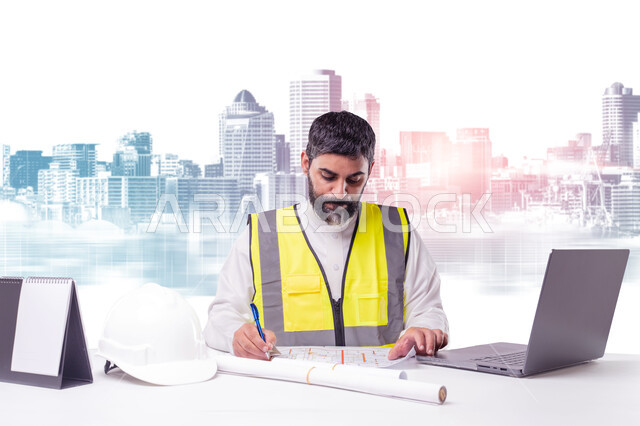 Working in the engineering sector, the role of architecture in the development of Saudi society, the concept of project management and auditing, a close-up image of a Saudi Arabian Gulf engineer wearing engineering clothing auditing and reviewing construction plans, sitting at a desk in front of an architectural background and using a laptop computer