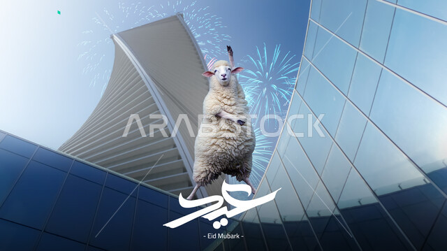 قربان واضحية عيد الاضحى المبارك، رسم ثلاثي الابعاد لخروف ابيض، برج المجدول في العاصمة الرياض، الاحتفال بالاعياد الدينية الاسلامية بالمملكة العربية السعودية