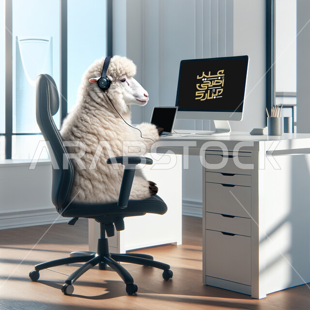 مخطوطة عيد اضحى مبارك على شاشة الكومبيوتر، رسم كرتوني لخاروف ابيض يجلس على المكتب يضع سماعة الهيدفون، العمل على جهاز التابلت التقني الحديث، الاعياد والمناسبات الدينية الاسلامية