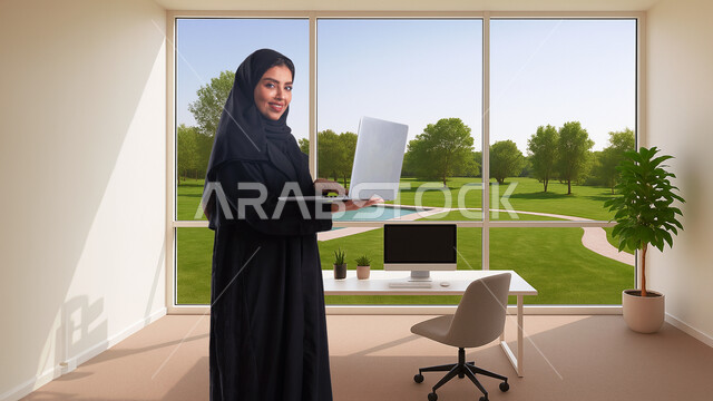  مهن ووظائف نسائية مكتبية سعودية، ادارة وانجاز المهام باستخدام جهاز تقني حديث ومتطور, إمرأة عربية خليجية سعودية مبتسمة ترتدي الحجاب والعباءة تعمل على الحاسوب المحمول في مقر الشركة, ايماءات وتعابير السرور والسعادة