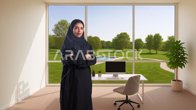  مهن ووظائف نسائية مكتبية سعودية، ادارة وانجاز المهام باستخدام جهاز تقني حديث ومتطور, إمرأة عربية خليجية سعودية مبتسمة ترتدي الحجاب والعباءة تقف بايدي متقاطعة بايماءات الثقة بالنفس في مقر الشركة, تعابير السرور والسعادة