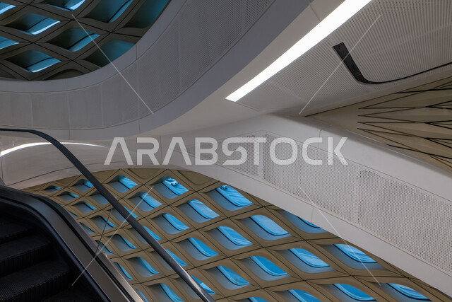 Urban development, progress, and infrastructure improvement, the Riyadh Metro Station in the capital, urban growth in construction in the Kingdom of Saudi Arabia, and interest in public services and transportation.