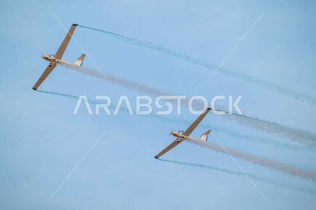 The Air Force parade on Saudi National Day on September 23, showing loyalty and love for the Saudi state, Flag Day activities on March 11, celebrating national holidays and occasions, and performing air shows in the skies of the Kingdom of Saudi Arabia.