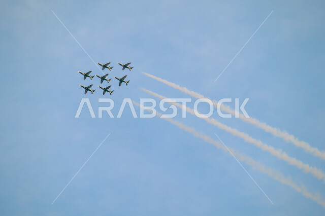 The Air Force parade on Saudi National Day on September 23, showing loyalty and love for the Saudi state, Flag Day activities on March 11, celebrating national holidays and occasions, and performing air shows in the skies of the Kingdom of Saudi Arabia.