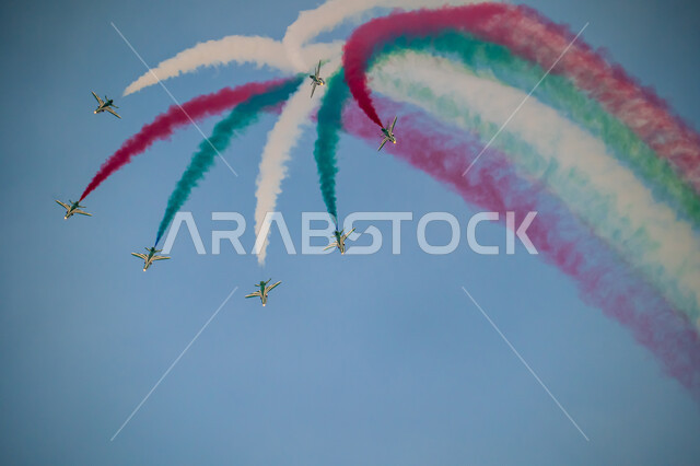 The Air Force parade on Saudi National Day on September 23, showing loyalty and love for the Saudi state, Flag Day activities on March 11, celebrating national holidays and occasions, and performing air shows in the skies of the Kingdom of Saudi Arabia.
