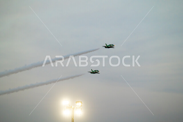 The Air Force parade on Saudi National Day on September 23, showing loyalty and love for the Saudi state, Flag Day activities on March 11, celebrating national holidays and occasions, and performing air shows in the skies of the Kingdom of Saudi Arabia.