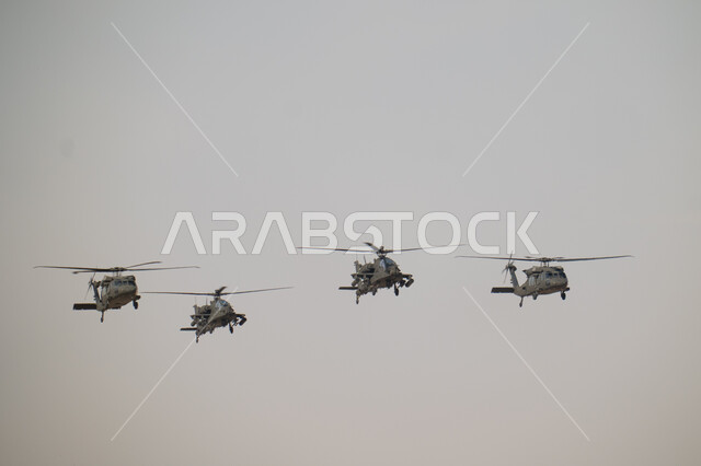 The Air Force parade on Saudi National Day on September 23, showing loyalty and love for the Saudi state, Flag Day activities on March 11, celebrating national holidays and occasions, and performing air shows in the skies of the Kingdom of Saudi Arabia.