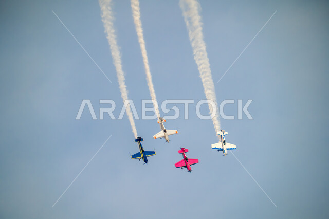 The Air Force parade on Saudi National Day on September 23, showing loyalty and love for the Saudi state, Flag Day activities on March 11, celebrating national holidays and occasions, and performing air shows in the skies of the Kingdom of Saudi Arabia.