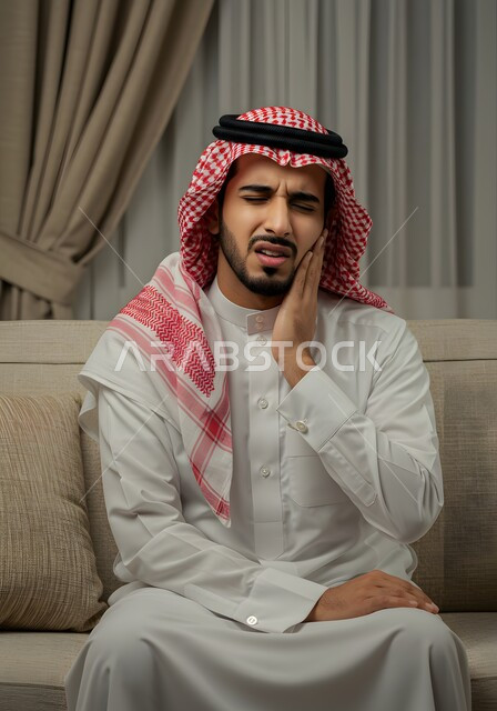 إلتهاب اللثة وتسوس الأسنان، رجل عربي خليجي سعودي يرتدي الثوب التقليدي والشماغ يجلس على الكنبة يضع يده على وجهه بتعابير وإيماءات الألم ووجع الفم، مفهوم التعب والإرهاق، الحاجة لزيارة طبيب الأسنان 