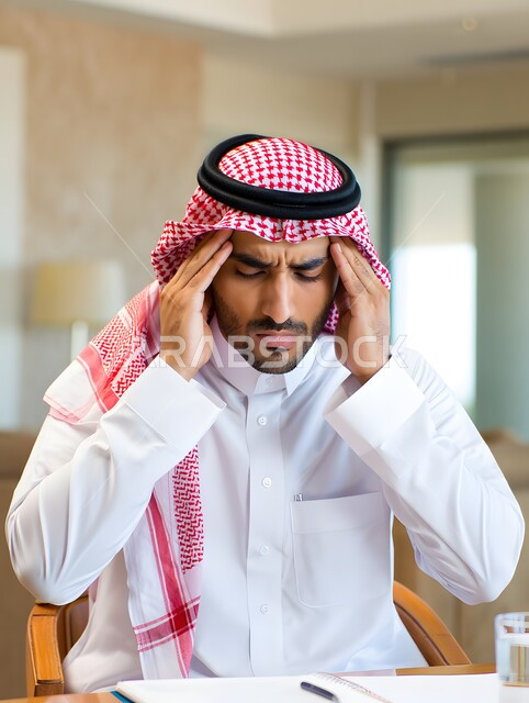 Suffering from migraine attacks, headaches and feeling sick, a Saudi Arabian Gulf man wearing a traditional keffiyeh and thobe holding his head with his hands in pain, feeling tired and exhausted, needing help and treatment