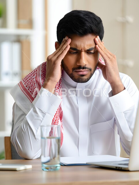  الإصابة بنوبات الشقيقة، إيماءات الصداع والإحساس بالمرض, رجل عربي سعودي خليجي يرتدي الشماغ والثوب التقليدي يمسك رأسه بيديه من شدة الألم, الشعور بالتعب والإرهاق، الحاجه لطلب المساعده والعلاج
