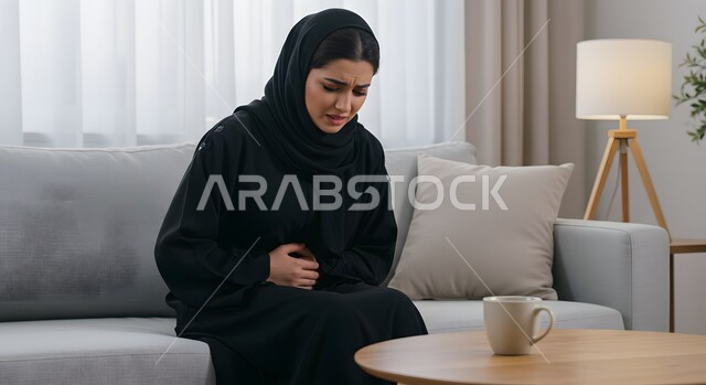 إيماءات التقيؤ والغثيان، الإحساس بالمغص والوجع، الشعور بحرقة في المعدة، الحاجه للمساعدة وطلب العلاج، امرأه عربيه خليجيه سعوديه ترتدي الحجاب والعباءة تضع يدها على بطنها تنحني من شدة الألم 