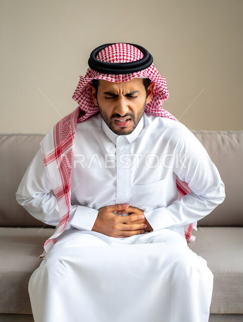 الشعور بعسر الهضم وحرقة في المعدة، شاب عربي خليجي سعودي يرتدي الثوب التقليدي والشماغ يجلس على الكنبة يمسك بطنه بتعابير الشعور بالألم، الإحساس بالمغص و التعب والإرهاق 