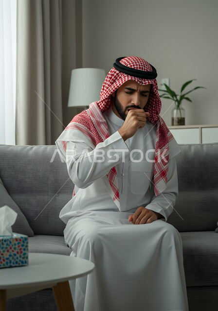 إيماءات الإرهاق والتعب الشديد، الإصابة بالأنفلونزا ونزلات البرد، الكحة والتهاب الحلق والحاجة للعلاج، رجل عربي سعودي خليجي يرتدي الشماغ والثوب التقليدي يجلس على الكنبة يضع يده أمام فمه ويقوم بالسعال