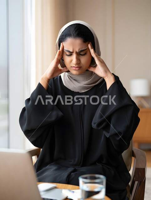 الصداع وألم الرأس، المعاناة من آلام الشقيقة، الحاجة للهدوء والراحة، إمرأة عربية خليجية سعودية محجبة ترتدي العباءة تجلس على الكنبة تضع يديها على رأسها بايماءات التعب والارهاق