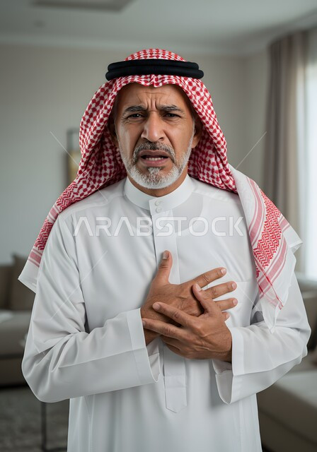 التعرض لنوبات قلبية مفاجئة، آلام الذبحة الصدرية، الإحساس بوخزة في الصدر والقلب، رجل شايب عربي خليجي سعودي يرتدي الثوب التقليدي والشماغ يضع يده على قلبه بإيماءات التوجع والألم