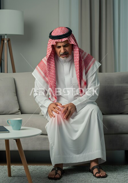 الاحساس بألم في الركبة, رجل مسن عربي خليجي سعودي يرتدي الشماغ والثوب القليدي يجلس على الكنبة في غرفة المعيشة بتعابير الوجع الشديد، أمراض المفاصل و العضلات, التعب والإرهاق و الحاجه للعلاج