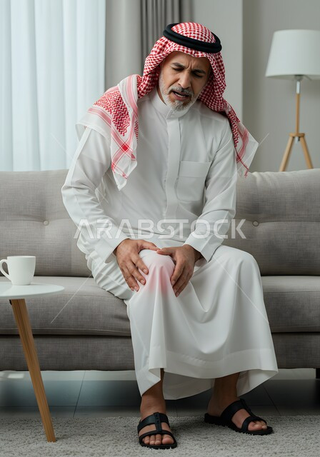 الاحساس بألم في الركبة, رجل مسن عربي خليجي سعودي يرتدي الشماغ والثوب القليدي يجلس على الكنبة في غرفة المعيشة بتعابير الوجع الشديد، أمراض المفاصل و العضلات, التعب والإرهاق و الحاجه للعلاج