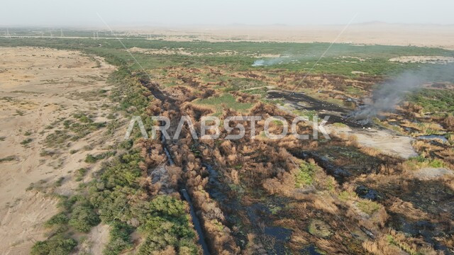التأثر بأشعة الشمس، الجفاف والحرارة المرتفعة، صورة علوية للوادي الاخضر المحترق في جدة، اماكن طبيعية في المملكة العربية السعودية 