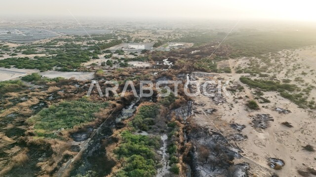 التأثر بأشعة الشمس، الجفاف والحرارة المرتفعة، صورة علوية للوادي الاخضر المحترق في جدة، اماكن طبيعية في المملكة العربية السعودية 