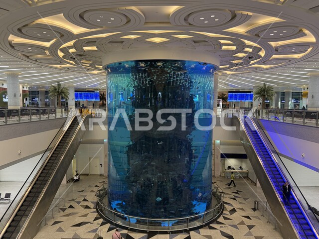 Air travel, interior design and outstanding architecture of Jeddah International Airport in Saudi Arabia, passenger reception lounges, providing high-end services to departing and arriving passengers at King Abdulaziz Airport.
