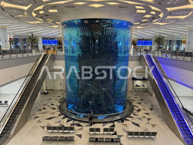 Air travel, interior design and outstanding architecture of Jeddah International Airport in Saudi Arabia, passenger reception lounges, providing high-end services to departing and arriving passengers at King Abdulaziz Airport.