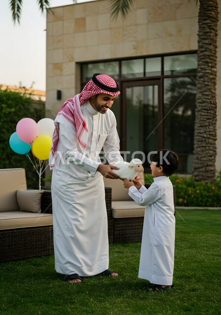 التسامر والضحك مع الابناء في عيد الاضحى المبارك، رجل عربي خليجي سعودي يرتدي الشماغ والثوب التقليدي يعطي ابنه دمية على شكل خاروف عيد الاضحى، التزيين في الاعياد والمناسبات العائليه, ايماءات السعادة والسرور