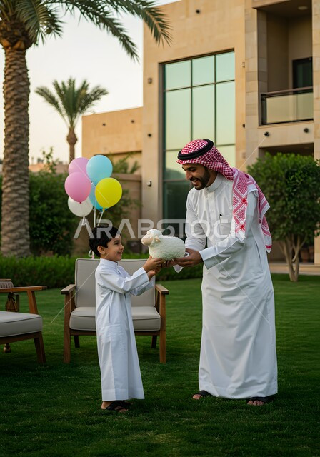 التسامر والضحك مع الابناء في عيد الاضحى المبارك، رجل عربي خليجي سعودي يرتدي الشماغ والثوب التقليدي يعطي ابنه دمية على شكل خاروف عيد الاضحى، التزيين في الاعياد والمناسبات العائليه, ايماءات السعادة والسرور