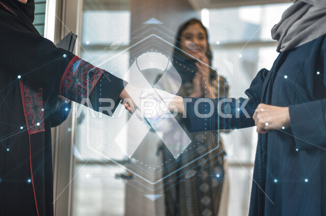 سيدتان عربيتان خليجيتان تتصافحان داخل الشركة ، اتفاق عمل بين سيدات الاعمال، الاهتمام بالمرضى و الكشف المبكر عن سرطان الثدي ، التوعية بالمرض ، شعار الوعي بسرطان الثدي بتقنية الهولوجرام