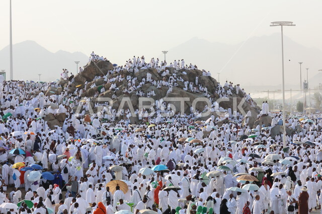 آدء مناسك الحج في يوم عرفة, مقصد المسلمين من أنحاء العالم, مكان ومعلم إسلامي ديني مقدس في المملكة العربية السعودية، حشود الحجاج على جبل عرفات، مفهوم العبادة والتقرب إلى الله، الحجاج والمعتمرين في مكة المكرمة