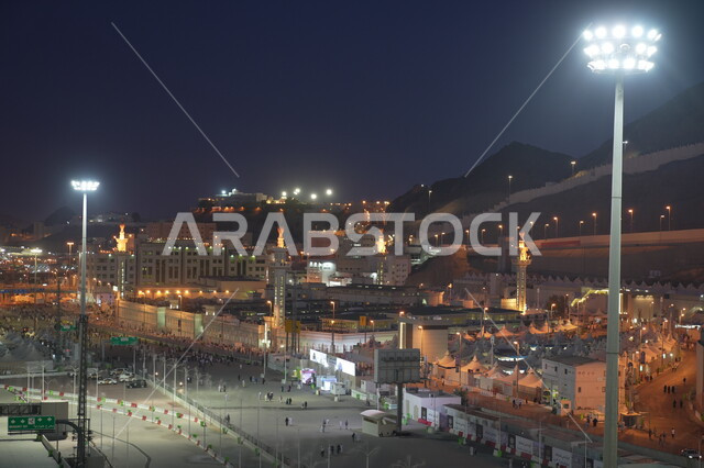 The concept of worship and drawing closer to God, pilgrims and Umrah performers in Mecca in Mina, performing Hajj rituals on the Day of Arafah, a destination for Muslims from all over the world, a sacred Islamic religious place and landmark in the Kingdom of Saudi Arabia