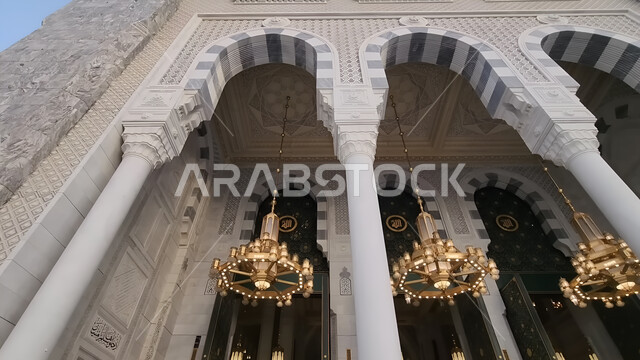 Islamic style decoration and architectural art of the Grand Mosque, worship and closeness to God, performing Hajj and Umrah rituals, a sacred Islamic religious place, a landmark of the Holy Mosque in the city of Mecca in the Kingdom of Saudi Arabia