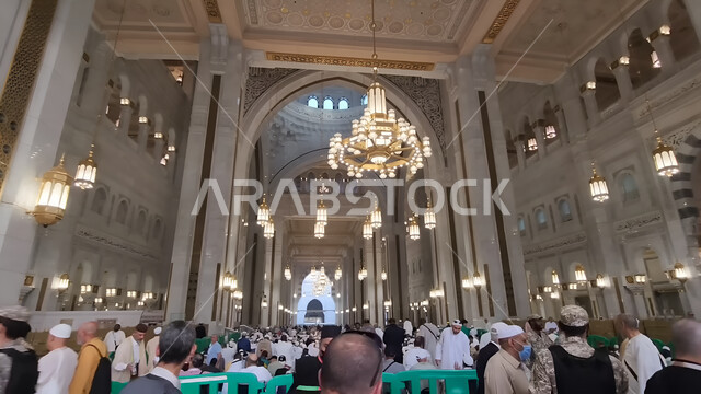 Islamic style decoration and architectural art of the Grand Mosque, worship and closeness to God, performing Hajj and Umrah rituals, a sacred Islamic religious place, a landmark of the Holy Mosque in the city of Mecca in the Kingdom of Saudi Arabia